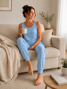 Only Hearts Cotton Lounge Pajama Set Blue Tank Top Jogger Pants Sleepwear M NWT